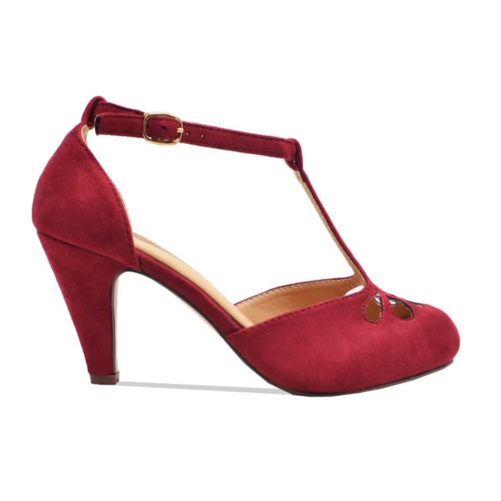 Women's T-Strap Tear-Drop Retro Burgundy Pump